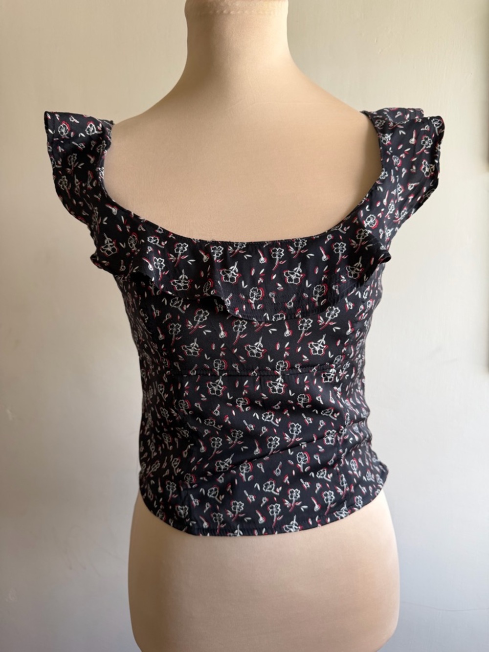 Free People Floral Ruffle Strap Crop Top XS Black Smocked Back Coquette